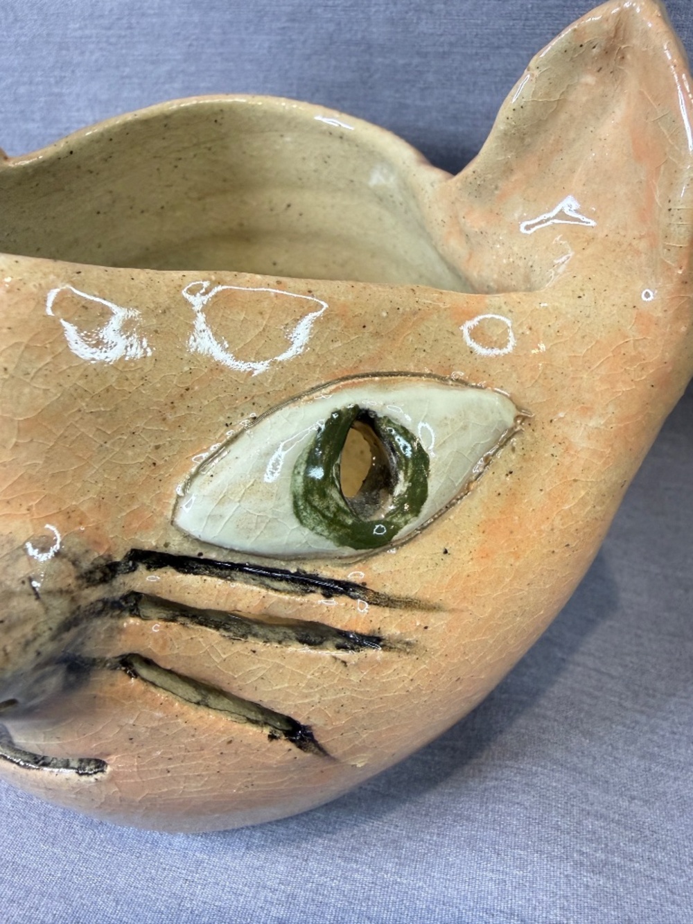 Folk Art Cat Pottery Tealight Candle Holder Trinket Dish Bowl Handmade - Picture 6 of 12